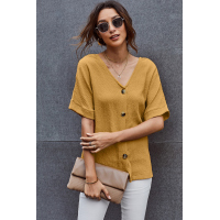 Yellow V Neck Button Front Crinkled Blouse