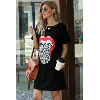 Black Lip Print Summer Casual Tee Mini Dress