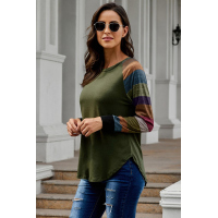 Color Block Long Sleeves Green Pullover Top