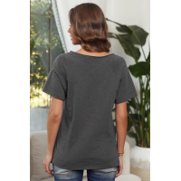 Gray V Neck Short Sleeves Cotton Blend Tee with Front Pocket and Side Slits