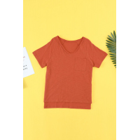 Orange V Neck Short Sleeves Cotton Blend Tee with Front Pocket and Side Slits