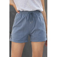 Blue Elastic Waistband Pocket Drawstring Shorts with Button