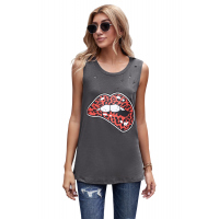 Leopard Lips Distressed Boyfriend Tank In Black