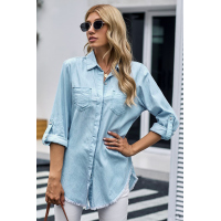 Sky Blue Roll up Long Sleeves Frayed Hem Denim Shirt