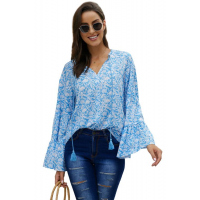 Sky Blue Chiffon V Neck Printed Bell Sleeve Blouse