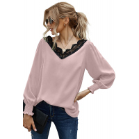 V Neck Lace Patchwork Pink Blouse