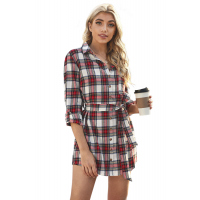 Red Plaid Buttoned Shirt Mini Dress with Waist Tie