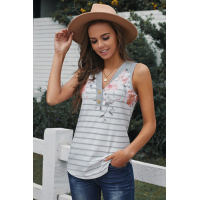 Gray Floral Print V-neck Sleeveless Button Striped Tank Top