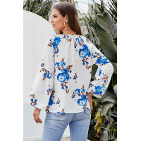 Blue Ballon Sleeve Floral Shirt Top