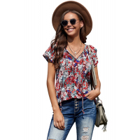 Blue V-neck Short Sleeve Fashion Print Fantasy Fluttering Blouse