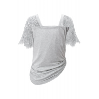 Gray Sweet Side Lace Deep V Neck Top T-shirt