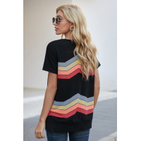 Black Colorful Wavy Stripes Print Short Sleeve Tee