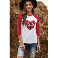 Buffalo Plaid Love Heart Colorblock Raglan 3/4 Sleeve Top