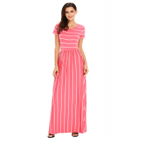 White Striped Rosy Short Sleeve Maxi Dress