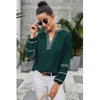 Green V Neck Bohemian Printed Lantern Sleeve Blouse