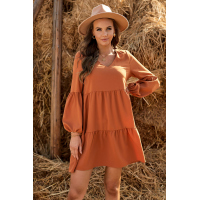 Brown Ruffle V-Neck Flowy Loose Tunic Dress