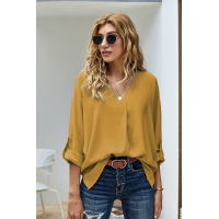 Yellow V Neck 3/4 Sleeve High Low Hem Shirt