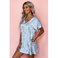 Blue V-Neck Half Sleeve Leopard Casual T Shirt Dress with Pockets