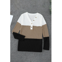 Khaki V-neck Color Block Button Waffle Knit Top