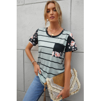 Gray Striped T-shirt with Patch Pocket