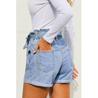 Light Blue Paper Bag Waist Denim Shorts