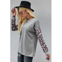 Gray Crisscross V Neck Leopard Sleeve Blouse