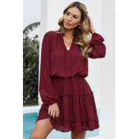 Wine V Neck Long Sleeve Ruffle Tiered Mini Dress