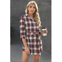 Red Plaid Buttoned Shirt Mini Dress with Waist Tie