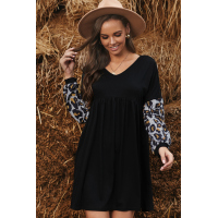 Leopard Splicing Ruffled V-neck Long Sleeve Mini Dress