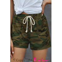 Green Camouflage Drawstring Casual Shorts