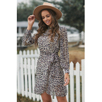 Leopard Ruffled Zipper Lantern Sleeve Mini Dress