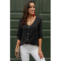 Black Button Detail Roll Up Sleeve Blouse