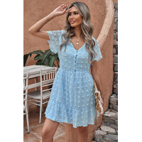 Sky Blue Polka Dot V Neck Ruffled Short Sleeves Mini Dress