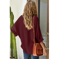 Wine V Neck 3/4 Sleeve High Low Hem Shirt