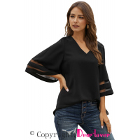 Black Flare Sleeve V Neck Loose Blouse