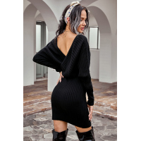 Black Wrap V Neck Batwing Sleeves Ribbed Sweater Dress