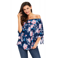 Navy Blue Floral Elastic Off Shoulder Top