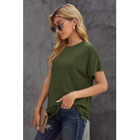 Green Round Neck Short Sleeve Solid Color Tee