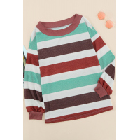 Brown One Shoulder Striped Color Block Lantern Long Sleeve Top