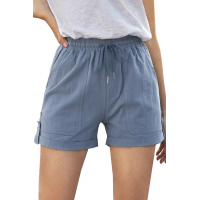 Blue Elastic Waistband Pocket Drawstring Shorts with Button