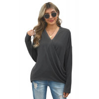 V-Neck Wrap Front Irregular Twist Hem Long Sleeve Top