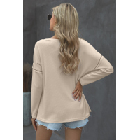 Apricot V Neck Tie-dye&Leopard Splice Waffle Knit Long Sleeve Top