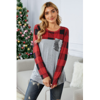 Plaid Print Patchwork Gray Long Sleeve Top