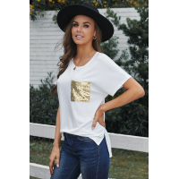 Sequin Pocket White Short Sleeve T-shirt