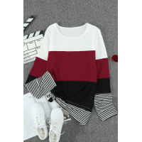 Wine Stylish Colorblock Splicing Stripes Top