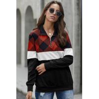 Red Plaid Color Block Zipper Turn Down Collar Long Sleeve Top