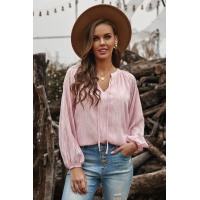 Pink V Neck Lantern Sleeve Textured Solid Top