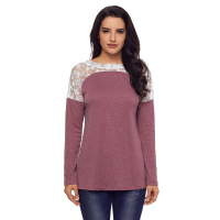 Split Effect Back Lace Insert Mauve Long Sleeve Top