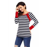 Red Splice Accent Navy White Striped Long Sleeve Shirt