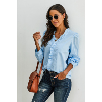 Sky Blue Long Sleeve Ruffles Casual Blouse